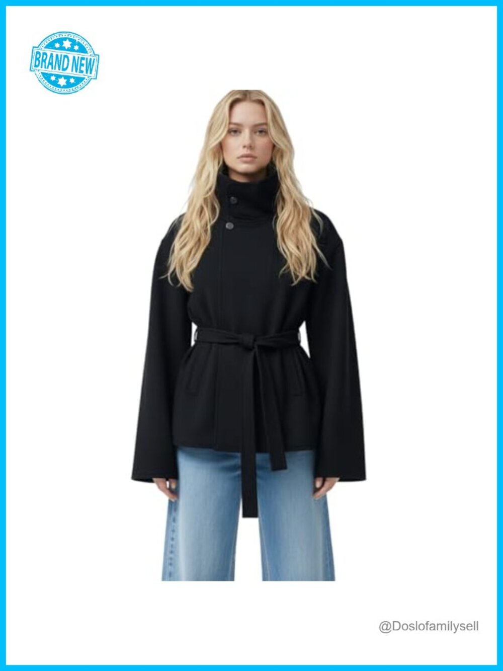 Cropped Trench Coat Funnel Neck Belted Polyester Oversized Pea Coat